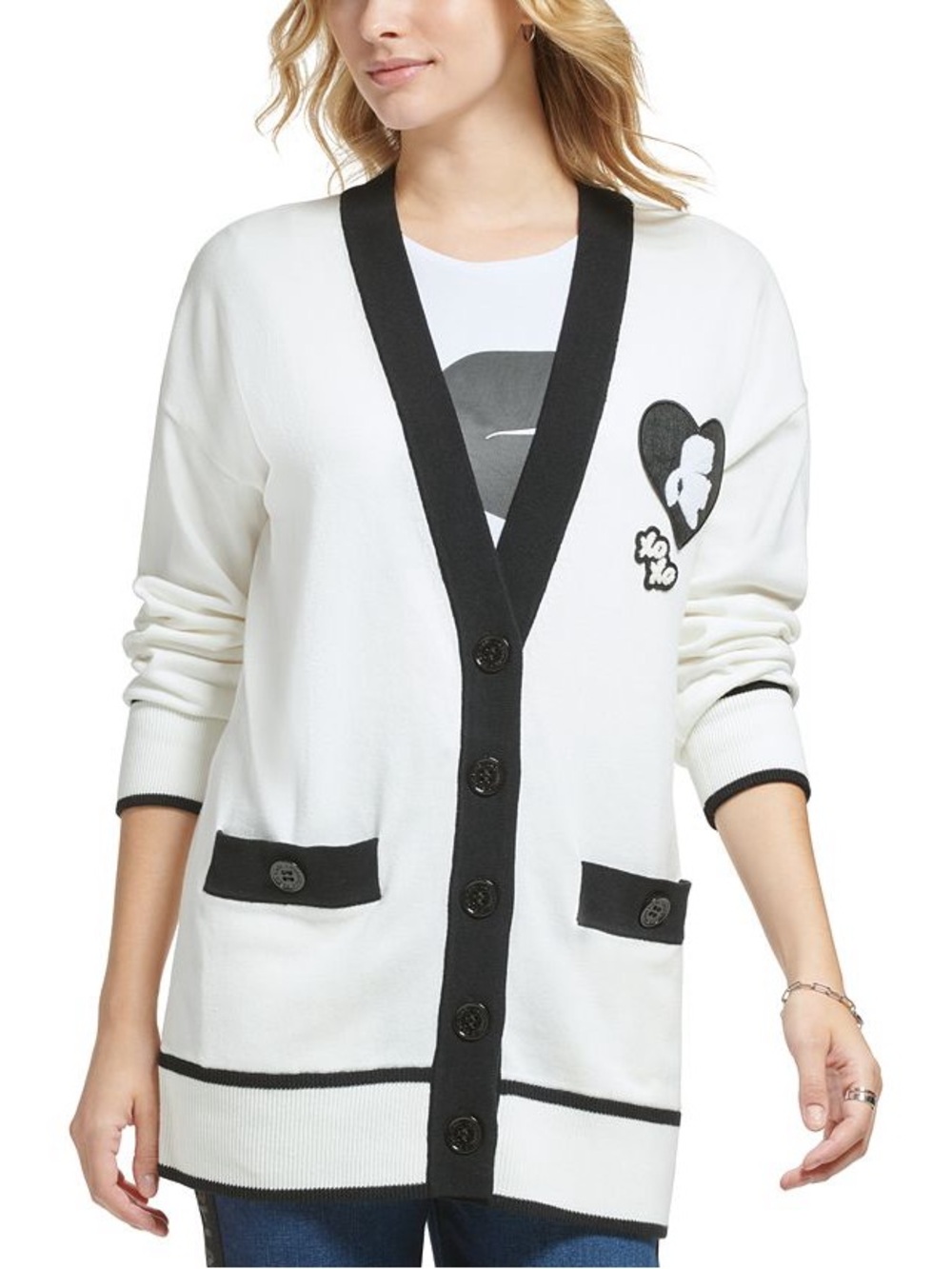 Karl Lagerfeld White Cardigan with Black Trim and Heart Patch
